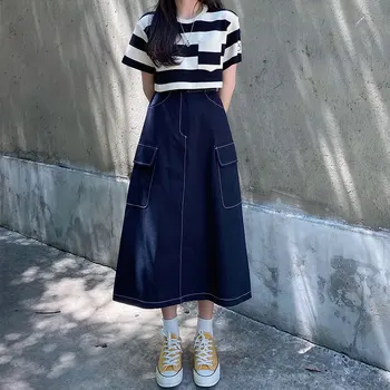 Ilgi Džinsa Svārki 2020. gadam japāņu vintage stila Augsto Vidukli Midi Svārki Sievietēm Blue Jean Svārki Stils Saia Džinsi (X1444