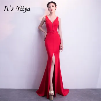 V-veida kakla vakartērpi, Tas ir Yiiya DX286 Red Elegants Sadalīt Sirēna Formālu Kleita Puse Kleita Sievietēm, Plus Lieluma Drēbes De saviesīgs vakars