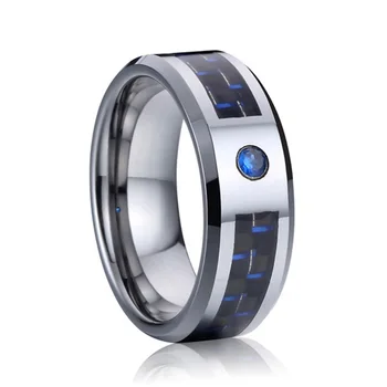 Klasiskās 6mm kāzu joslā volframa karbīda gredzeni vīriešiem un sievietēm, meitenēm, Zils cz akmens oglekļa šķiedras pirkstu gredzens