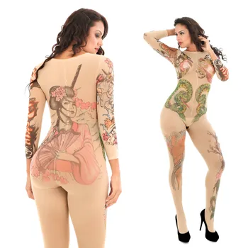 Hot Sexy Milzīgais Tetovējums Dizains Garas Piedurknes Atvērt Kājstarpes Bodystockings Plus Lieluma Erotiska Apakšveļa Jaunu Ierakstu Bodysuits