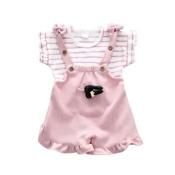 Vasaras Bērnu Meitene Drēbes, Uzstādīt Modes Svītrains T-krekls ar Multfilmas kombinezoni ar Cute Baby Apģērbu Komplekts Kokvilnas T-krekls Meitenēm Apģērbu Komplekts
