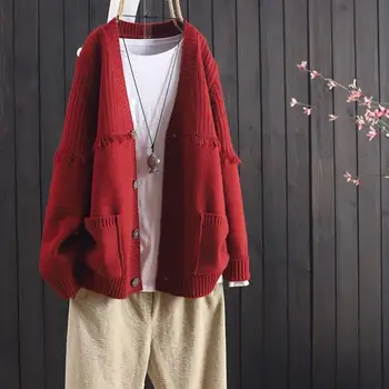 Ir 2021. rudens jaunas brīvs savvaļas tīru krāsu gadījuma mākslas garām piedurknēm buttoned trikotāžas jaka sieviešu džemperis ziemas jaka