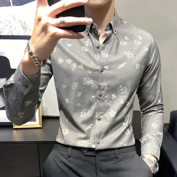 Korejas Modes Drukāt garām Piedurknēm Kleita Krekli Vīriešu Apģērbu, Ir 2021. Nakts Klubs Slim Fit Uzvalku Gadījuma Puse/Balli Blūze Homme 3XL-M