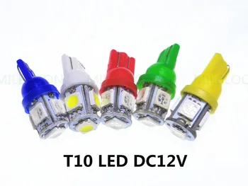 5GAB LED T10 Instrumentu spuldzes LED T10 metru spuldzes sarkana zila zaļa dzeltena balta 5050-5SMD DC12V