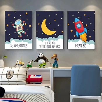 Raķete No Kosmosa un Mēness Sienas, Mākslas Plakāti Multfilmas Pirmsskolas Izdrukas Audekls Gleznošanai Ziemeļvalstu Bērnu Guļamistaba Dekorēšana Bildes