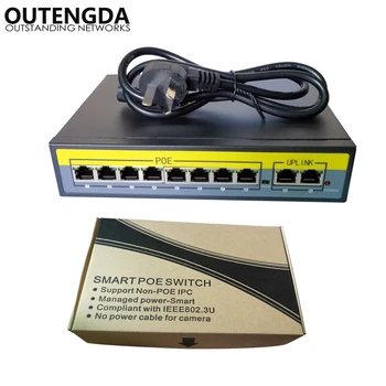 2+8 Porti 100Mbps PoE Switch Adapteris Power over Ethernet IEEE 802.3 af/pie Kamerām AP VoIP Iebūvēts Jauda 120W Slēdzis Inžektora