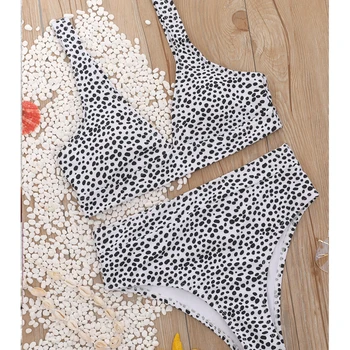 Leopards Drukāt Seksīgi Peldkostīmi Augsta Vidukļa Bikini Komplekts V-veida kakla Polka Dot Divas Gabals Peldkostīms Polsterēta Biquinis Beachwear