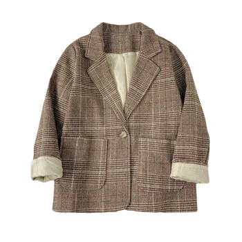 Vintage Pleds Uzvalks Jaka Sieviešu ir 2021. Britu stila Zaudēt garām piedurknēm Outwear Vienu pogu Kabatas Bleizeri, Sieviešu Ikdienas topi