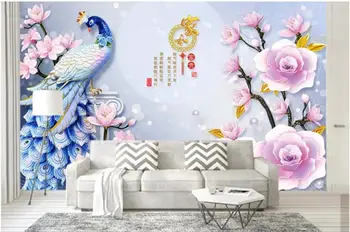WDBH pielāgotus foto 3d tapetes Reljefs pāvs magnolijas zieds, viesistaba, mājas dekoru 3d sienu gleznojumi tapetes, sienas 3 d