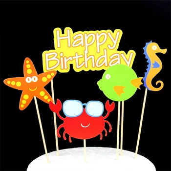 Happy birthday cake topper bērniem, bērnu dzimšanas dienas apdare puses piegādes zivis, garneles hippocampus starfish jūras zirgs cilindrs