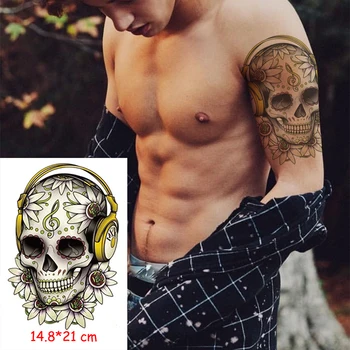 Ūdensnecaurlaidīgus Pagaidu Tetovējumu Uzlīmes Halloween galvaskausa mūzikas ņemiet vērā, austiņas ziedu tetovējums lielu viltus tetovējumiem flash tatto Sievietēm / Vīriešiem