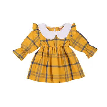 Maz Meitene Modes garām piedurknēm Kleita Svaigi Pleds Lelle Apkakles Bērniem Princese Kleita Dzeltena Vasaras Kleita 2021