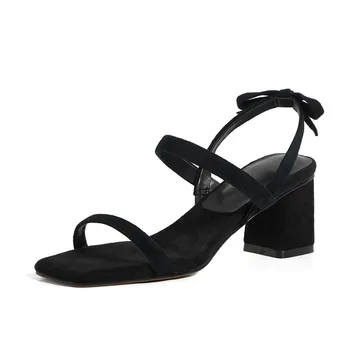 MEMUNIA 2020. gadam karstā pārdošanas pilnībā īstas ādas kurpes sieviešu sandales svītru bowknot laukumā augsta papēža modes vasaras sandales dāmas