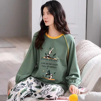 2020 Rudens Ziemas garām Piedurknēm Kokvilna Zaudēt Pajama Komplekti Sievietēm Cute Karikatūra Sleepwear Homewear Pijama Mujer Mājas Drēbes