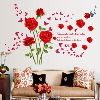 Romantiska sarkanu rožu guļamistaba, veranda dzīvojamā istaba, vannas istaba, TV fona apdare, sienas uzlīmes