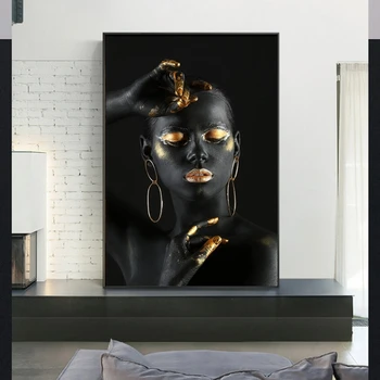 Melns Pliks Āfrikas Sieviete ar Zelta Pirkstu un Lūpu Audekla, Gleznojums uz Sienas, Grims Sieviete, Wall Art Pictures Mājas Dekori