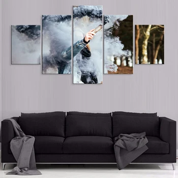Hd Iespiesti Mūsdienu 5 Gabali Mākslas Moduļu Plakātu, Gleznu Audekla Dekoru Sistēmu Cilvēkiem Ar Krāsainu Dūmu Bumbas