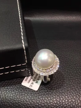 Pt900 platīna 14-15MM dabas dienvidu pērle gredzenu baltā krāsa liela pērle gredzenu, dimanta naudas sodu sieviešu rotaslietas bezmaksas piegāde