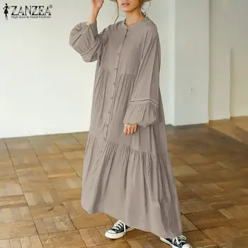Plus Lieluma Sieviešu Pavasara Sundress ZANZEA ir 2021. Stilīgs Puff Piedurknēm Maxi Kleita Ikdienas Krekls Vestidos Sievietes Pogu O Kakla Drēbes