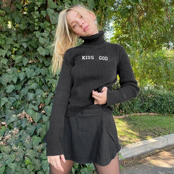 Rudens augstu uzrullētu apkakli Adīti Džemperi Sieviešu Vintage Vēstuli Izšuvumi Y2K Džemperi Streetwear Modes Trikotāža 90s Cuteandpsycho