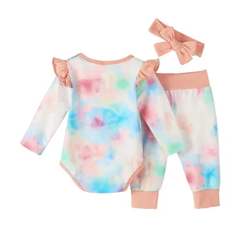 Attiecībā Uz Jaundzimušajiem, Zīdaiņu Apģērbu Komplekts Drēbes Romper Jaundzimušā Bērna Baby Zēni Meitenes Kaklasaišu Krāsošanas Savirmot Romper Bikses Tērpiem Set+Galvassegu