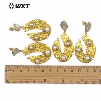 WT-E495 Jaunu zelta pilienu formas auskari bohēmas stils dabīgo saldūdens pērli stud ar trīs kārtu pērle dāmas šarmu auskari