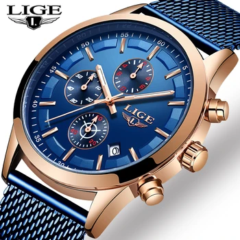 LIGE Modes Sporta Rokas pulksteņi Vīriešu Ultra-Plānas Acs Steel Blue Datums, Chronograph Vīriešu Luksusa Zīmolu Ūdensizturīgs Vīriešu Pulksteņi 2019