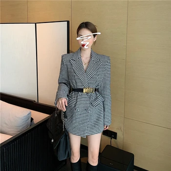 Houndstooth uzvalks jaka sievietēm ir 2021. pavasara un ziemas jauno korejiešu stilā zaudēt garām piedurknēm uzvalks dizaina džemperis