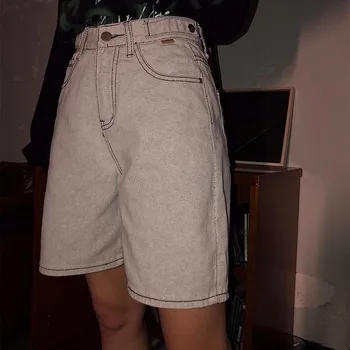 Sieviešu džinsi piecu punktu bikses Vintage taisni, mīksti vasarā jaunas sievietes vīrieši augsta vidukļa Harajuku plaša kāju džinsa Vidējā Garuma Bikses