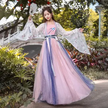 Violeta Liels Hem Kostīmu Darbības Apģērbu Acs Dāma Seno Hanfu Tradicionālo Elegants Ziedu Garām Piedurknēm Jaunums Tang Uzvalks