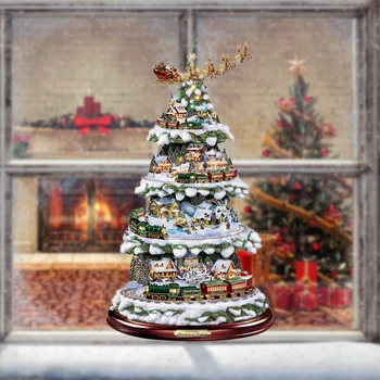 Ziemassvētku Uzlīmes, Augstas Kvalitātes Ziemsvētki Koks Rotējošo Vilcienu Skulptūra, Dekoratīvie Ielīmējiet Papīra Jaunā Gada Rotājumu Mājas Loga Sienas