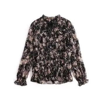 Ziedu Šifona Sieviešu Krekls ar garām Piedurknēm 2020. Gada Rudenī Blūzes Jaunu Modes Zaudēt Vidukļa Cieši Iespiests OLA Top Melns Apģērbs Sievietēm
