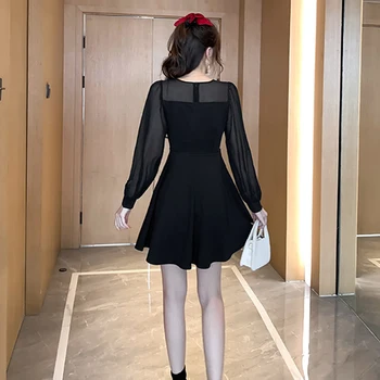 Jaunas ielidošanas darba stils ērti melna mini-line kleita temperamentīgs šifona perspektīvu, elegants, svaigs vienkāršu kleitu