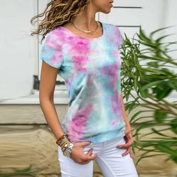 Multi-krāsas Kaklasaiti, Krāsu Druka T kreklu Liela Izmēra Sieviešu Streetwear Īsām Piedurknēm Lielgabarīta Gadījuma T-krekls Topi O kakla Tees Slīpums