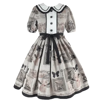 Gothic vintage sweet lolita kleita peter pan apkakli puff piedurknēm ar mežģīņu bowknot drukāšanas kawaii kleita meitene loli cos gothic lolita op