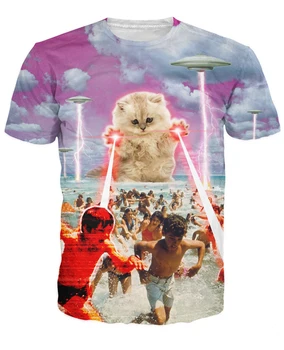 Kaķēnu Neviens Mīlēja T-Krekls kitty līdzās Nlo, iznīcinot 3d funny t krekls ar īsām piedurknēm top tee vasaras modes sievietes vīrieši