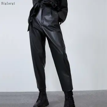 Augsta Vidukļa Pu zīmuli Bikses Sievietēm, Mākslīgās Ādas Baggy Melnu Spīdīgu Sieviešu Elsas 2020. gadam korejiešu dāmām, Bikses Jaunas Modes Streetwear