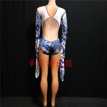 Sievietēm Jaunu Sudraba Spīdīga Rhinestone Bodysuit Liels Piedurknēm Ķīniešu Stilā Darbības Apģērbs Puses Porcel Kostīmu Deju Apģērbu