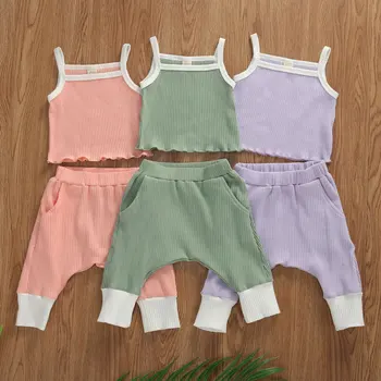 Cietā Gadījuma Jaundzimušais Baby Girl Vasaras Apģērbs Bez Piedurknēm Pavada Tvertne Cami Top Harēma Bikses Cietā Salātu Apģērbu Komplekts 0-3 Gadi