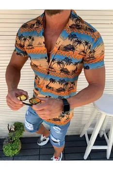 Kokvilnas Havaju Krekls ar Īsām Piedurknēm Kokosriekstu Koku Ziedu Drukāt Vasaras Pludmales Gadījuma Vīriešu Krekls MS0006 Plus Lieluma Havaju Krekls