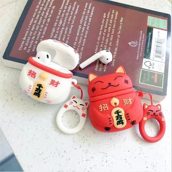 3D Naudu Kaķis Silikona Case for Apple Airpods 1 2 Bezvadu Austiņas ar Ķīnas Laimīgo Vārdi Segtu Kaste, Austiņas Aksesuāri