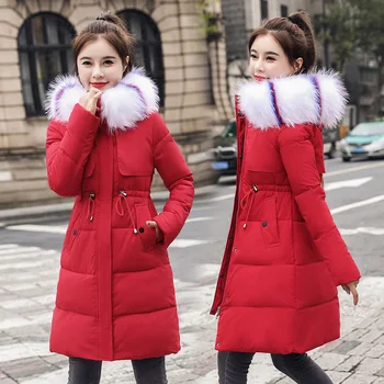 Ziemas mētelis sievietēm korejas gadījuma vienkrāsainu lielas kažokādas apkakles kokvilnas jaka vidēja garuma slim un plānas kokvilnas mētelis femme manteau
