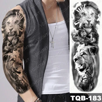 Lielu Roku Piedurknēm Tetovējums Lion Crown Vilks Karalis Ūdensnecaurlaidīgus Pagaidu Tatto Uzlīmes, Rožu Pulkstenis Karavīrs Body Art Pilna Viltus Tetovējums
