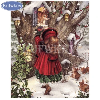 Diy dimanta izšuvumi mozaīku karikatūra,5d,pilns laukums,diamond glezna Krustdūrienā maza meitene ar dzīvnieku,ziemas,sniega dekorācijas