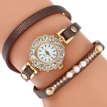 Gnova Platīna Modes Pērles Siksniņu Rokassprādze Sievietēm Skatīties Jaunu Zīmolu Rhinestone Ziedu PU ādas wrap kleita rokas pulkstenis reloj A953