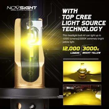NOVSIGHT Auto Led Lukturu Spuldzes H4, H7 LED H1, H3, H11 H13 9005 9006 9007 72W 12000lm12,000RPM/MIN Car Styling 3000K Zelta Lampas