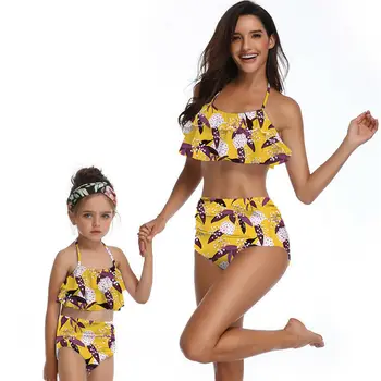 Māte Meitu Ģimenes Saskaņošanas Peldkostīmi Bikini Modes Vasaras Ziedu Savirmot Augsta Vidukļa Bikini Peldkostīmu Bērniem Peldkostīmi