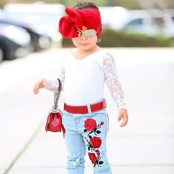 Pudcoco Modes Jauns Zīdainis Bērni Bērniem Meiteņu Mežģīņu T-krekls Topi+Izšuvumi Ziedu Caurumu Džinsa Elsas Jean 2GAB Apģērba Komplekts