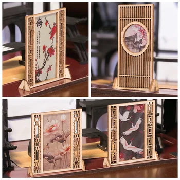 Ķīniešu Stilā DIY Namiņš mini Mēbeļu Miniatūra Leļļu Piederumi, Koka Ekrāns+ Uzlīmes