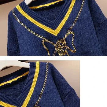 Jaunas Plus Lieluma Tauriņi Drukāt Sieviešu Džemperi Vintage V-veida kakla ar garām Piedurknēm Adīts Puloveri Rudens Ziemas Stila Zilā Mīksti Džemperi Uzvalks